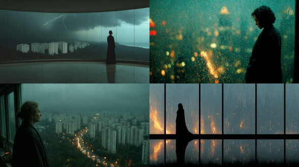 长天黑风云雷动夜慢慢，城市剪影，暗色调，闪电划破天际，高楼孤灯微弱，广角镜头，冷色调，低角度拍摄，动态模糊，雨丝斜飞，玻璃倒影，孤独身影窗前伫立，沉思表情，长袍随风飘扬，高对比度，氛围压抑，末日感，电影质感，蓝灰色主调。