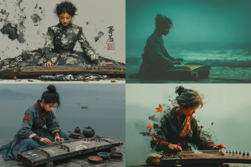 天籁抚琴的女子，古风长裙，忧郁眼神，山水背景，水墨风格，低饱和度，柔光，浅景深，琴弦微动，落叶飘零，冷色调，孤独氛围，意境深远，写实与抽象结合，细腻纹理，暗角效果，古典美学，情感深沉，静谧与力量并存。