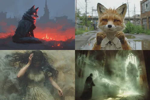 "狐狸精化人形，痛苦表情，都市废墟背景，阴郁色调，广角镜头，低角度拍摄，高对比度，侧逆光，烟雾缭绕，玻璃碎片飞溅，扭曲建筑，暗红与深蓝交织，孤独站立，双手抱头，衣袍破烂，眼神空洞，压抑氛围，超现实主义，动态模糊，末日美学，金属质感，破碎镜面反射。"