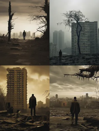 "孤独者立于城市废墟，阴郁天空，冷色调，长焦镜头，低饱和度，侧逆光，疲惫表情，破旧衣物，背景高楼倾斜，暗影交错，沉重氛围，压抑情感，慢速快门，模糊移动人影，枯树剪影，末日质感，颗粒感胶片风格，深蓝灰色调，孤立无援，精神崩溃临界点。"