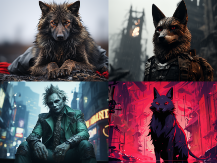 "狐狸精疲惫不堪，城市废墟背景，暗黑风格，高对比度，广角镜头，低角度，冷色调，霓虹灯光，烟雾弥漫，扭曲的表情，破旧衣物，动态模糊，孤独感，压抑氛围，抽象元素，超现实，噪点效果，胶片质感，颓废美学"