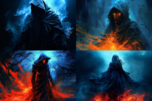 "通达顺中丰韵的愤怒者，申诉无门，黑暗中站立，眼神充满绝望与怒火，破旧长袍随风飘动，夜半歌声狂，鬼哭狼嚎环绕，天顶地底燃烧着幽蓝火焰，高对比度，暗黑风格，广角镜头，低角度拍摄，侧光，冷色调，动态模糊，烟雾缭绕，情绪激烈，张力十足。"