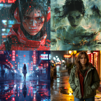 丰韵女子孤立街头，愤怒绝望表情，暗夜城市背景，霓虹灯光与阴影交错，高对比度，广角镜头，低角度拍摄，冷色调夹杂火光，动态模糊，风吹乱发，地面水洼倒影，破碎法律文件飘散，周围模糊黑影狞笑，戏剧性光影，压抑氛围，撕裂感构图