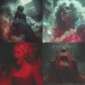 "丰满女性在黑暗中愤怒申诉，破旧法庭场景，戏剧性光影，深红色调，广角镜头，低角度拍摄，强烈对比，阴影细节，撕裂的礼服，凌乱长发，绝望表情，四周鬼影浮现，火焰与黑暗交织，动态模糊，悲愤情绪，超现实风格，高饱和度，暗黑美学，张力十足。"