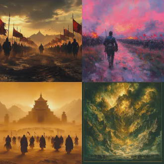 "乾坤星罗棋布，百战沙场，降魔斩妖。黎明破晓，战士身穿铠甲，手持利剑，眼神坚定，战场硝烟弥漫，远山晨曦微光。古老战场，广角镜头，高动态范围，冷色调与暖色交织，侧逆光，旗帜飘扬，战鼓擂动，神秘符文闪烁，肃杀与希望并存，史诗感，电影级光影，细节丰富，层次分明。"