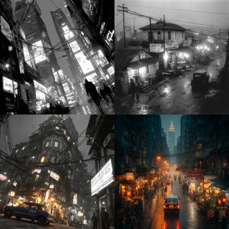 "繁忙的闹市街道，拥挤的居民楼，人们疲惫焦虑的表情，现代城市压抑感，高对比度，暗色调，广角镜头，俯视视角，霓虹灯光污染，堆砌的杂物与广告牌，窒息感，长曝光，噪点效果，现实主义风格，压抑情绪，迷惘眼神，灰暗天空，杂乱电线，喧嚣与孤独并存。"