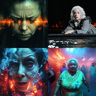 "丰韵女子垂帘后，神情哀怨绝望，古装华服皱褶飘逸，戏台光影交错，幽暗剧院中鬼魅浮现，火焰与阴影交织，愤怒与疯狂情绪弥漫，高对比度戏剧性灯光，广角镜头展现纵深，暗红与深蓝主色调，动态模糊增强动感，舞台烟雾缭绕，超现实表现手法，压抑氛围。"