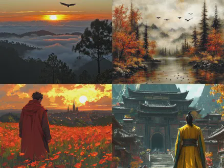 春风秋山冬云暖阳，花开原野，天马行空跨年盛景，广角镜头，高动态范围，史诗感，金色阳光，薄雾弥漫，飘逸长袍，自信微笑，星空背景，宇宙微光，冷暖对比，戏剧性光影，飞翔姿态，宏大构图，未来主义，希望与憧憬，鸿鹄展翅，青春活力。