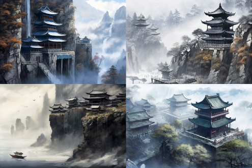 长风断流冰霜裂水，烟雨锁窗寒，天际云分飞，避世归谷，清秋满山，摩崖石刻壁画，楠竹掩旧庵，听纺纱织麻，雪岩坐禅。全景构图，水墨风格，冷色调，雾气弥漫，远山层叠，古庵隐现，禅意深沉，僧人静坐，素衣裹身，低眉垂目，木鱼轻敲，竹林摇曳，飞雪点缀，云烟缭绕，静谧空灵，长焦镜头，柔光散射，低饱和度，意境深远。