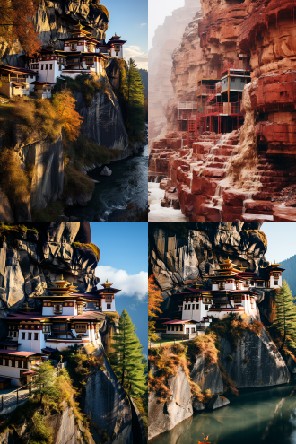 长风断流冰霜裂水，烟雨琐窗寒。 天际云分飞，避世归谷，清秋满山。 摩崖石刻壁画，楠竹掩旧庵。 听纺纱织麻，雪岩坐禅。