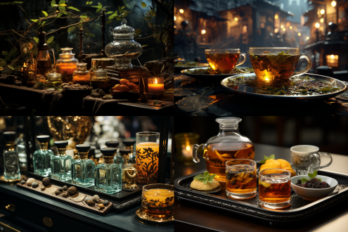 香炉绿酒红茶，古风宴席，故人重逢，暖色调，古典庭院，雕花木桌，素衣长袍，温婉微笑，烛光摇曳，柔和侧光，幽兰芬芳，桃花飘落，暮色背景，金粉装饰，细腻笔触，中国水墨风格，浅景深，诗意氛围，宁静祥和，怀旧情感。