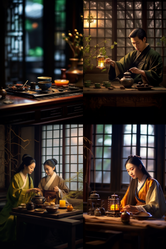 香炉绿酒红茶，古风宴席，故人重逢，暖黄烛光，木质长桌，精致茶具，素馨兰花点缀，月影透过窗棂，人物着宽袖汉服，温婉微笑，幽静典雅，暗调背景，柔和光影，细腻纹理，浅景深，50mm定焦镜头，复古胶片质感，暖色调，宁静怀旧情感。