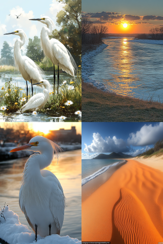 金沙银水碧玉毯，海市蜃楼对岸。 霞飞霓虹，日暮江天。 云满树，惊鹭群，舞翩跹。 万里波涛涌，入海口，雪浪堆百川，已小寒。