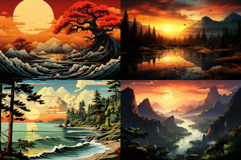 金沙银水碧玉毯，海市蜃楼对岸。 霞飞霓虹，日暮江天。 云满树，惊鹭群，舞翩跹。 万里波涛涌，入海口，雪浪堆百川，已小寒。