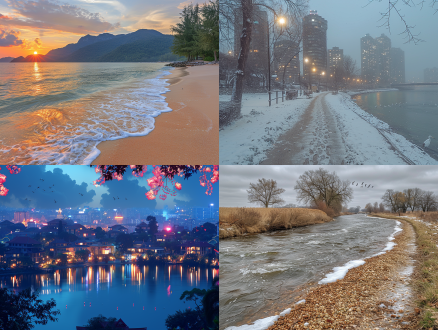 金沙银水碧玉毯，海市蜃楼对岸，霞飞霓虹映江天，云满树间惊鹭群舞，雪浪堆百川入海口。广角镜头，黄昏光线，高饱和度色彩，长曝光，动态模糊，超现实风格，金色沙滩，银色波浪，碧绿水面，霓虹光晕，飞翔白鹭，云雾缭绕，冷暖色调对比，壮阔海景，宁静与动感交织。