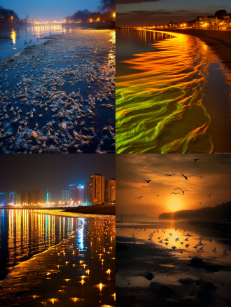 金沙银水碧玉毯，海市蜃楼对岸，霞光霓虹映日暮，江天辽阔广角镜头，长曝光，高饱和度，金色蓝色渐变，薄雾朦胧，飞翔的白鹭群，动态模糊，雪浪翻滚，冷色调暖光对比，宏伟壮丽，宁静与动感并存，远眺视角，超现实风格。