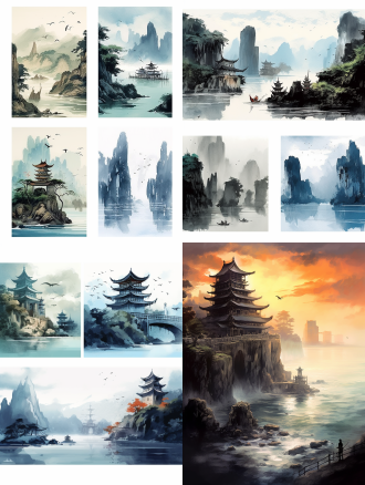 "云崖地角远山朦胧，鲛人采珠沉船遗迹，古楼晨钟魁星照耀，帝王龙马踏浪奔腾，边陲重镇铜凤栖南浦，水墨风格，广角镜头，低角度拍摄，动态模糊，雾霭缭绕，金色晨光，冷色调，史诗感，神秘氛围，细节丰富，历史厚重感，人物飘逸长袍，珍珠光芒，古建筑雕花，浪花飞溅。"