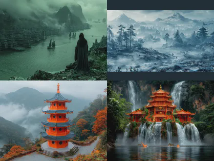 云海缭绕悬崖，远处朦胧山影，鲛人潜水采珠，古楼钟声回荡，魁星文昌显灵，帝王龙马踏浪，边陲重镇铜凤栖，秦汉风格，广角镜头，冷色调，晨光斜射，雾气弥漫，神秘深沉，史诗感，细节丰富，古代建筑，神话元素，历史厚重。