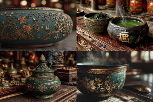 "香炉绿酒红茶，故人相聚宴席，暖光烛影，素馨兰幽香，古典雅致场景，细腻工笔画风，柔和暖色调，微距镜头，浅景深，丝绸服饰，温润瓷器，木雕家具，低角度拍摄，侧逆光，静物特写，微醺氛围，诗意朦胧，金色装饰细节，繁复纹样，宁静怀旧情绪"