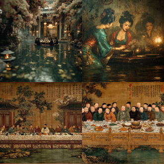 "古风宴会场景，香炉袅袅烟雾，绿酒与红茶摆放精致，故人重逢笑容温暖，素馨兰点缀，蝴蝶袖间飞舞，暮色渐浓桃花飘落仙潭，金色阑干映衬，柔光漫射，细腻工笔画风，暖色调，浅景深，丝绸质感，典雅静谧，人物服饰飘逸，眼神含情，氛围怀旧诗意。"