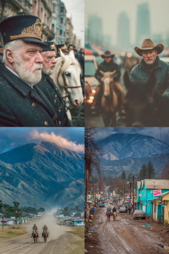 "京城东市繁华街景，南国风情无春秋，细雨微风，稻田麦穗金黄，远处山峰云雾缭绕，历史人物身着古装策马突围，表情坚毅，广角镜头，高饱和度，电影质感，黄昏光线，动态模糊，历史再现，深沉色调，怀旧情绪。"