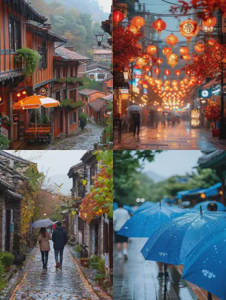 "京城东市古街，南国无春秋的湿润气候，细雨蒙蒙，石板路映着油纸伞，背景是稻田麦浪与远山云雾，行人穿传统汉服，神色匆匆，历史感浓厚，暖色调，广角镜头，柔焦效果，侧逆光，雨丝细节，复古胶片质感，深沉情感，时光交错。"