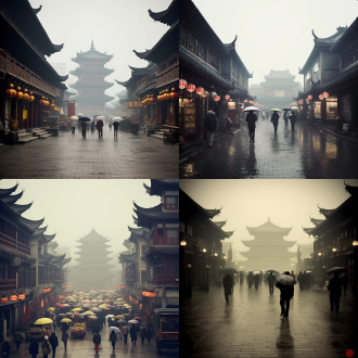 "京城东市街景，古风建筑，细雨蒙蒙，稻田麦穗金黄，远山云雾缭绕，人物着汉服，神情沉思，手持油纸伞，慢快门，柔焦，青灰色调，对称构图，历史厚重感，微光透过云层，沉静忧郁。"