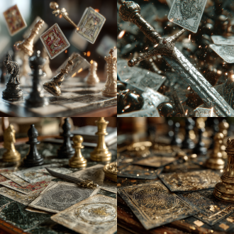 "快刀对决，棋局乾坤，黑白棋子散落，命运塔罗牌悬浮空中，五代六朝风格，代码与纸牌交织，长剑挥舞，暗金色调，低角度拍摄，广角镜头，动态模糊，高对比度，冷光与暖光碰撞，神秘氛围，紧张情绪，命运对决，游刃有余，山穷水尽，史诗感。"