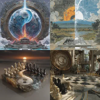 围棋与国际象棋的棋盘平分画面的底部，世界各国的黑白棋子在双方棋盘上对阵，墙上有黑白分明的阴阳八卦图，两把对抗的量子虚拟激光长剑位于中心，冰火两重天的代码光效，塔罗纸牌在空中飞舞，背景有远山长河落日与星月同幕，冷暖撞色，戏剧性光影，广角镜头，金属质感，神秘氛围，命运对决，古典与现代融合