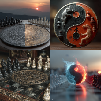 围棋与国际象棋的棋盘平分画面的底部，世界各国的黑白棋子在双方棋盘上对阵，墙上的光盘显示出精密纳米阴阳八卦图，两把对抗的量子虚拟激光长剑位于中心，冰火两重天的代码光效，塔罗纸牌在空中飞舞，背景有远山长河落日与星月同幕，冷暖撞色，戏剧性光影，广角镜头，金属质感，神秘氛围，命运对决，古典与现代融合