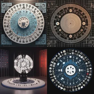 围棋与国际象棋的棋盘平分画面的底部，世界各国的黑白棋子在双方棋盘上对阵，墙上的光盘显示出精密纳米阴阳八卦图，两把对抗的量子虚拟激光长剑位于中心，冰火两重天的代码光效，塔罗纸牌在空中飞舞，背景有远山长河落日与星月同幕，冷暖撞色，戏剧性光影，广角镜头，金属质感，神秘氛围，命运对决，古典与现代融合