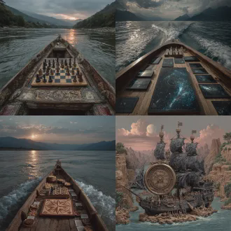 行驶在河中间的船头上摆放着围棋与国际象棋的棋盘，左右平分画面的底部，国际象棋与围棋黑白棋子在双方棋盘上对阵，悬浮在中间的虚拟罗盘微雕出精密纳米芯片阴阳八卦图，两把对抗的量子虚拟激光长剑位于中心，冰火两重天的代码光效，塔罗纸牌在空中飞舞，有月光的纸牌结冰，有阳光的纸牌燃烧，背景有远山长河落日与星月左右同幕，冷暖撞色中间的颜色采用自然过渡，戏剧性光影，广角镜头，金属质感，神秘氛围，命运对决，古典与现代融合