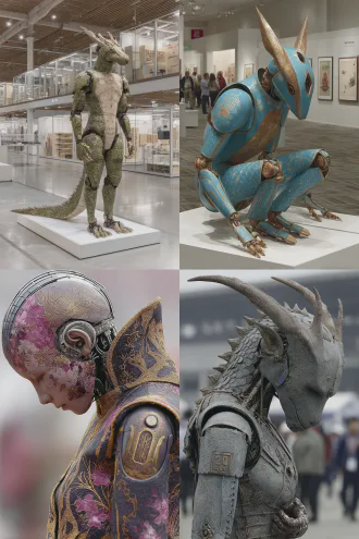 一个人形机器人在展示厅表演灵活的各关节自由滚动旋转。金属质感，高科技，中国神话美感，机器人眉间有中国龙头图腾的电源开关，头顶太阳能板，脚底可以无线充电，四肢有鳞片图案装饰，颈部和四肢关节安装万向轮，头部可以任意方向的滚动。