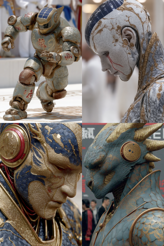 一个人形机器人在展示厅表演灵活的各关节自由滚动旋转。金属质感，高科技，中国神话美感，机器人眉间有中国龙头图腾的电源开关，头顶太阳能板，脚底踩在充电板上可以无线充电，四肢有鳞片图案装饰，颈部和四肢关节安装万向轮，头部可以任意方向的滚动。