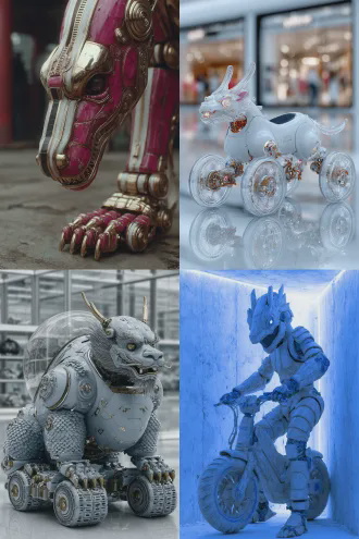 人形机器人展示厅表演灵活关节滚动旋转，金属质感高科技融合中国神话龙马特征，眉间龙头图腾开关，头顶太阳能板，脚底无线充电板，四肢鳞片装饰，关节安装万向轮，全身可任意方向滚动，动态构图，赛博朋克风格，展示厅环境，广角镜头，冷色调，机械光泽，侧光，未来感，流畅动作，科技与神话结合，敬畏情绪。