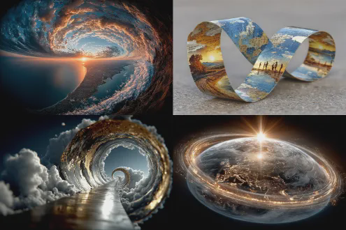 地球自转着围绕太阳公转，在太空铺下一条宽广的量子轨道，画着世界地图的卷轴随着地球的自转和公转慢慢在太空展开，凝固成半环形电影胶带环绕太阳，从上帝视角看，宛如看着太空中蜿蜒伸向远方深处正在拐弯的道路，全新的国际空间站沿着地球运行的轨迹飞行，在这条虚拟的空中世界地图上留下一个倒影，透视。神秘，震撼