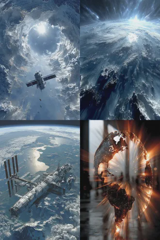 地球环绕太阳公转，太空巨幅虚拟卷轴缓缓展开，绘制着世界地图，**构图半环形电影胶带环绕太阳，上帝视角**，全新国际空间站沿轨迹飞行并投下倒影，**宏观太空场景，超广角镜头，深空透视，冷色调与星辉点缀，动态模糊轨迹，胶片风格，缥缈光影，深邃，震撼人心**