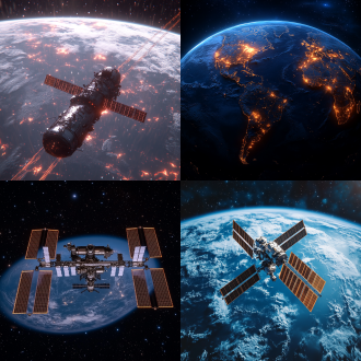 地球身后延伸出半环形世界地图轨迹带，宛如太空中蜿蜒的量子胶片道路，全新国际空间站正沿轨迹转弯，在地图上投下倒影，上帝视角，深空背景，科幻风格，宇宙级尺度，长焦镜头，电影感，深邃星空，冷色调主光与轨迹暖光对比，运动模糊，透视强烈，神秘而震撼。