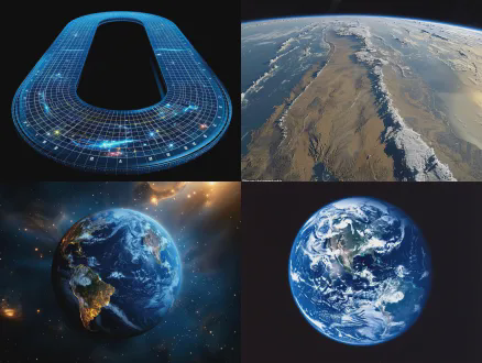 地球围绕太阳公转时，身后留下半环形轨迹，轨迹道路上的世界地图随着地球的自转和公转慢慢展开，形成带状电影胶带量子环，宛如太空中蜿蜒伸向远方深处的道路，全新最大的国际空间站沿着地球运行的轨迹行驶在这条虚拟的空中之路的拐弯处，在地图上留下一个倒影，透视角度，上帝视角。神秘，震撼