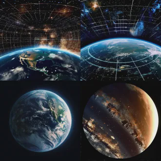 地球公转轨道化为电影胶片带，世界地图随自转印于胶片之上，上帝视角斜俯瞰太空，宏大透视构图，深邃宇宙背景，地球为视觉焦点，冷色调为主，星球光芒点缀，史诗感，太空歌剧风格，广角镜头，远景，电影灯光，细节丰富，运动模糊，科技感，3d渲染，逼真材质，静谧而壮丽。