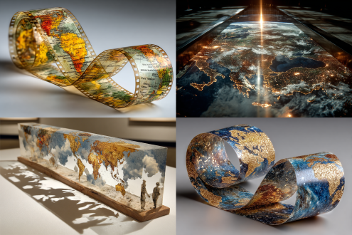 地球在围绕太阳公转的过程中在太空碾压出一条虚拟的电影胶片带轨道，随着地球的自转，胶片上打印出世界地图，上帝视角，斜俯瞰，透视