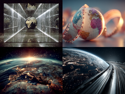 地球公转轨道化为电影胶片带，胶片上随自转打印出动态世界地图，上帝视角斜俯瞰太空，深邃宇宙背景，胶片泛黄微光，透视构图，宏观史诗感，太空歌剧风格，广角镜头，长曝光，冷色宇宙与暖色地球对比，神圣而静谧。