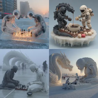 浮冰上竖着两根冰雕的蟠龙柱，上面摆放着一张冰雕的棋盘和黑白围棋，两个人形机器人面对面站着对弈，黑衣机器人的机械手棋钵里拿起白子，白衣机器人的机械手将黑子放在棋盘上，脚底下放着一个冰雕笔砚，墨汁已经凝固。棋盘边缘的冰凌像珠帘一样往下滴水，水珠刚好落入笔砚中。