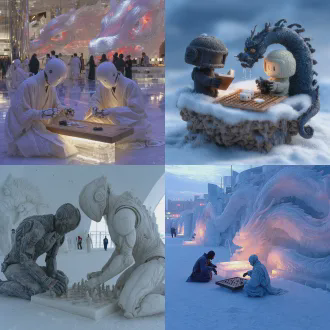 浮冰上的冰雕蟠龙柱与围棋棋盘，两个人形机器人对弈中，黑衣机器人手持白子，白衣机器人落黑子，冰雕笔砚承接滴水，科幻与古典融合，超现实场景，对称构图，冷色调，冰雪质感，机械细节，动态水滴，电影级光线，冷静专注氛围，广角镜头，电影光效，精细渲染，未来古代主义风格。