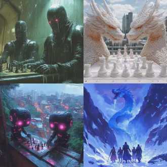 月夜雪景浮冰，冰雕蟠龙柱与棋盘，两机器人对弈，黑机器人持白子，白机器人落黑子，冰雕笔砚墨凝，冰凌滴水入砚，赛博朋克古风，对称构图，冷色调，月光侧光，长焦镜头，景深，机械细节，静谧专注。