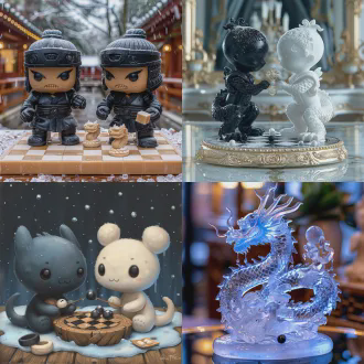 月夜下，雪花纷纷，浮冰上竖着两根冰雕的蟠龙柱，上面摆放着一张冰雕的棋盘和黑白围棋，两个人形机器人面对面坐着对弈，黑机器人的机械手棋钵里拿起白子，白机器人的机械手将黑子放在棋盘上，脚底下放着一个冰雕笔砚，墨汁已经凝固。棋盘边缘的冰凌像珠帘一样往下滴水，水珠刚好落入笔砚中。