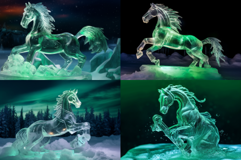 中国结浮冰上的冰雕马与围棋对弈，月夜极光背景，雪花飘落，斜俯视拍摄，高清摄影，广角镜头，冷色调，长曝光，极光动态模糊，机器人精密机械手，冰雕纹理细节，雪花落入冰雕笔砚，墨迹图案，静谧专注氛围，科幻与传统融合。