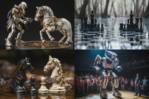 中国结造型的浮冰上站着一匹冰雕马，马鞍上摆放着一张冰雕棋盘和黑白围棋，两个人形机器人面对面站着对弈，黑机器人的机械手从冰雕棋钵里拿起白子，白机器人的机械手将黑子放在棋盘上，脚底下有一个冰雕笔砚，墨汁残留，雪花落入笔砚中形成美丽的图案。月夜下，雪花纷纷，蓝色极光背景，高清摄影，斜俯视拍摄。