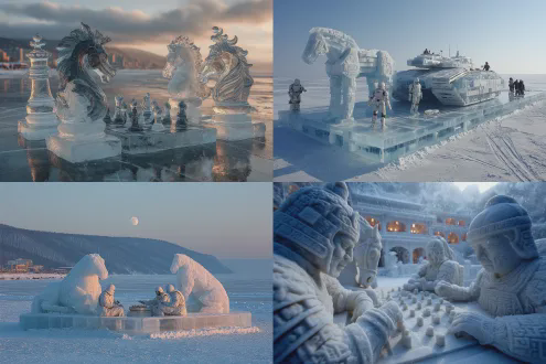 湖中间漂着中国结造型的浮冰，上面站着一匹斜侧身的冰雕马，马头侧面对着镜头，马鞍上驮着一张冰雕围棋棋盘，两个人形机器人立于马身两侧面对面站着对弈，黑机器人的机械手从冰雕棋钵里拿起白子，白机器人的机械手将黑子放在棋盘上，马头底下的冰面雕刻着一个盘龙笔砚，墨汁残留，雪花落入笔砚中形成美丽的图案。月夜下，雪花纷纷，蓝色极光背景，高清摄影，斜俯视拍摄。
