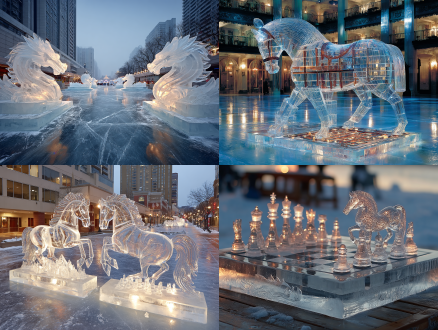 中国结浮冰，冰雕马斜身侧立马头侧向镜头，马鞍驮冰雕围棋棋盘，双机器人对弈，黑机器执白子白机器落黑子，马头下冰雕盘龙笔砚墨迹残留雪花入砚，月夜飞雪蓝色极光，高清摄影，斜俯视角，广角镜头，冷色调，长曝光，动态模糊，赛博朋克风格，蓝白主色，宁静神秘。